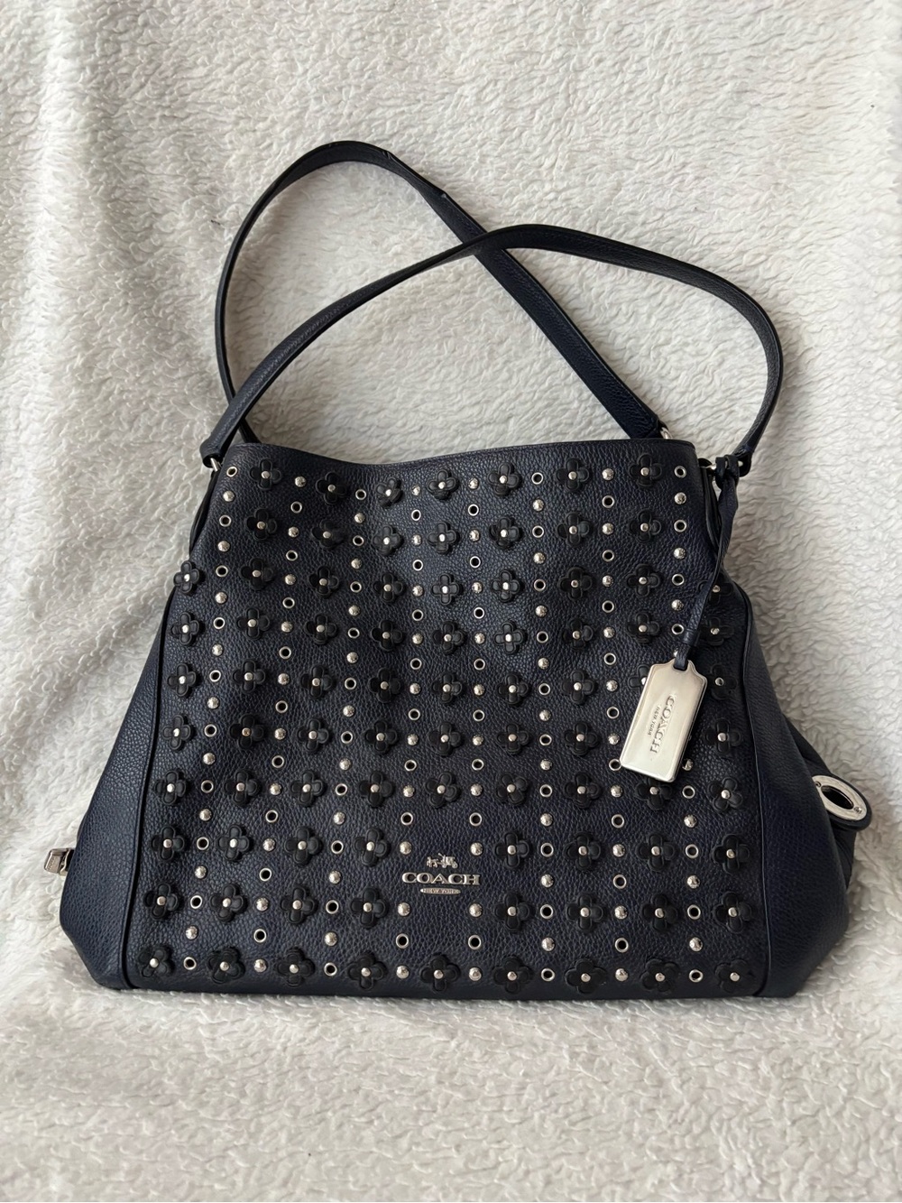 COACH Edie 31 Studs & Grommets Floral Leather Bag Navy Black 38077